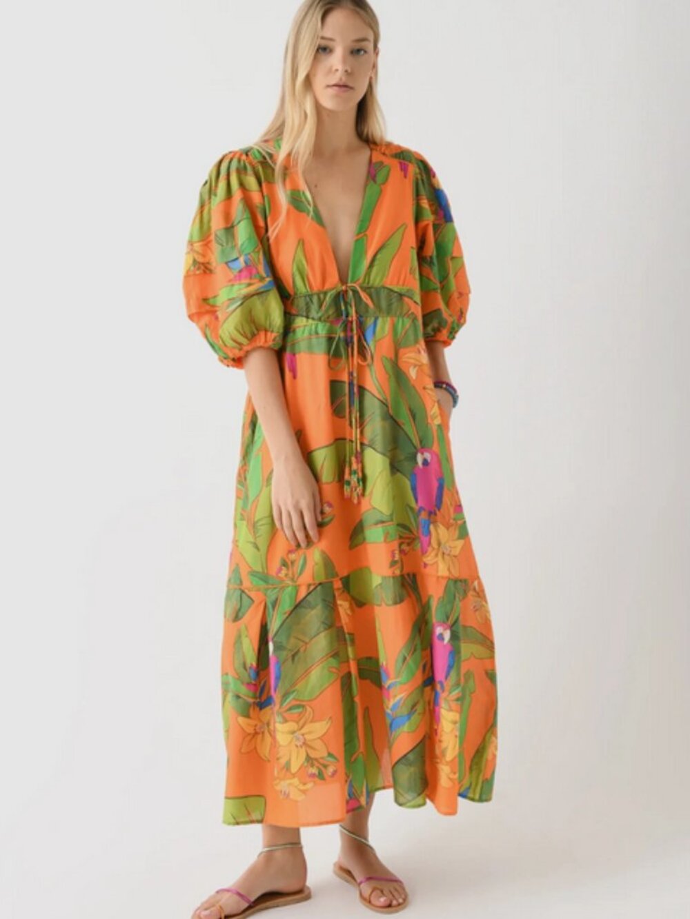 Farm Rio Fresh Macaws Puff-Sleeve Maxi Dress Orange M $290 NWT Anthropologie